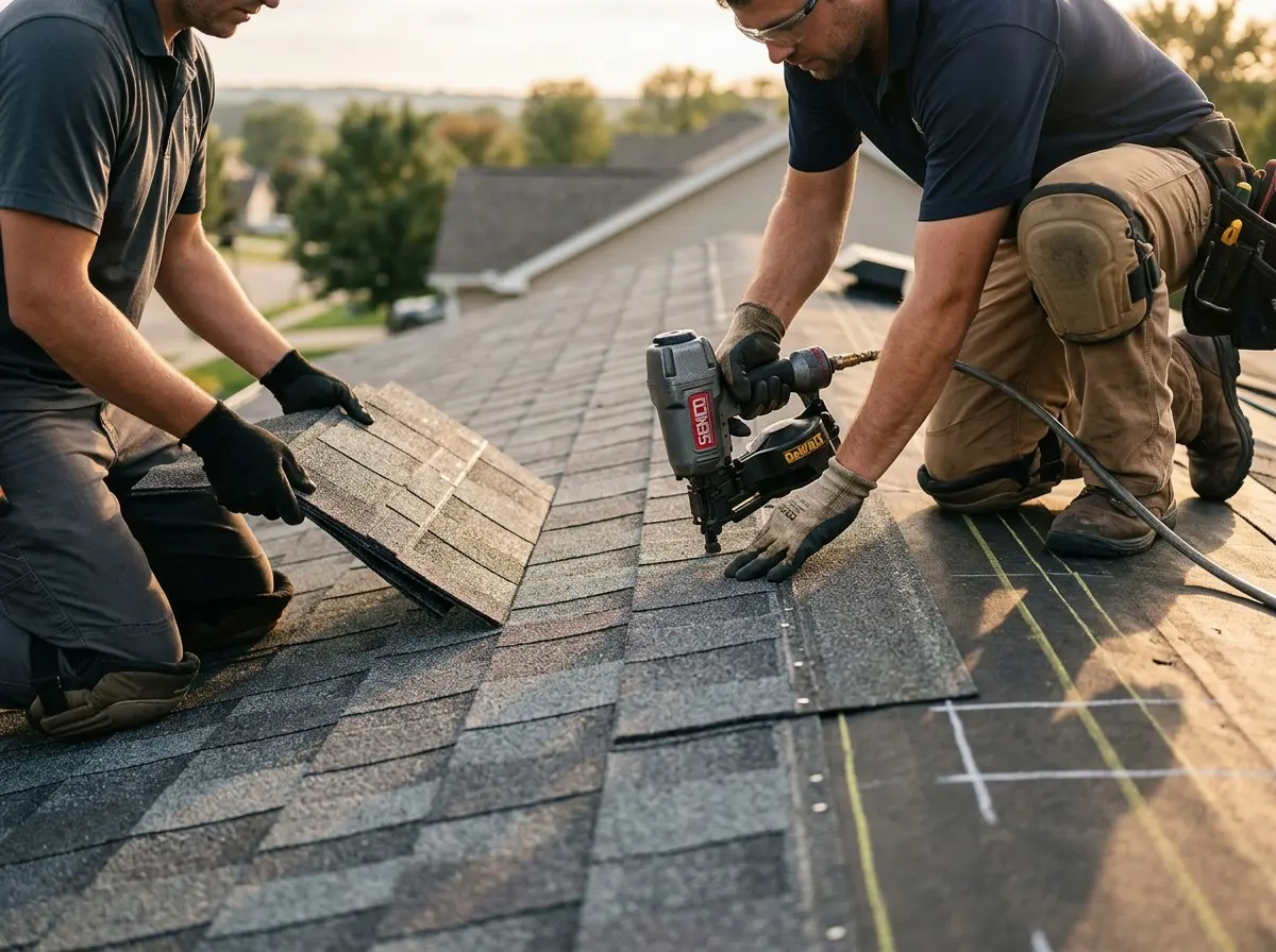 Professional roofer working on a residential roof in Huntington Park